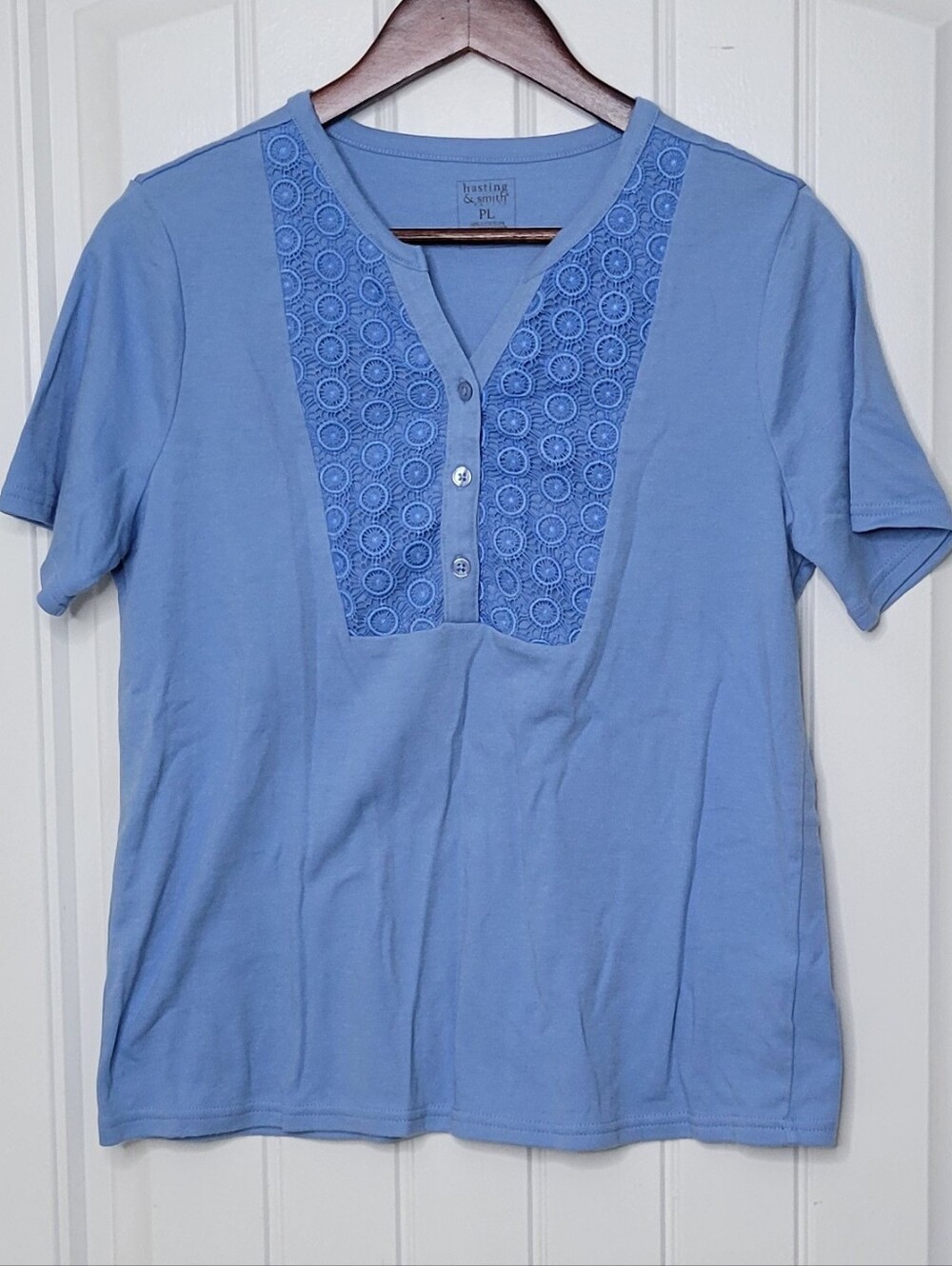 Hasting And Smith Light Blue Short Sleeve Henley Top with Lace Yoke